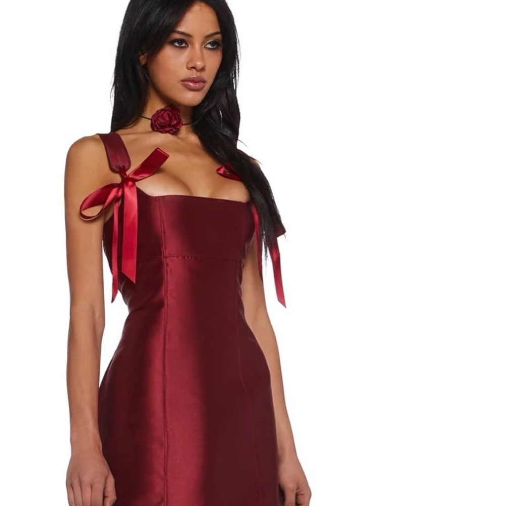 Dolls Kill Burgundy Satin Midi Dress with Bow-Tie Shoulder Straps
